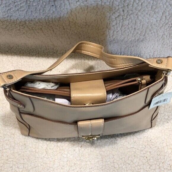 NWT Beige Leather Shoulder Bag Front Buckle Detail Multiple Compartments - Picture 7 of 10